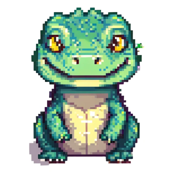 pixel art crocodile, chibi proportions, cute face, bright green sticker