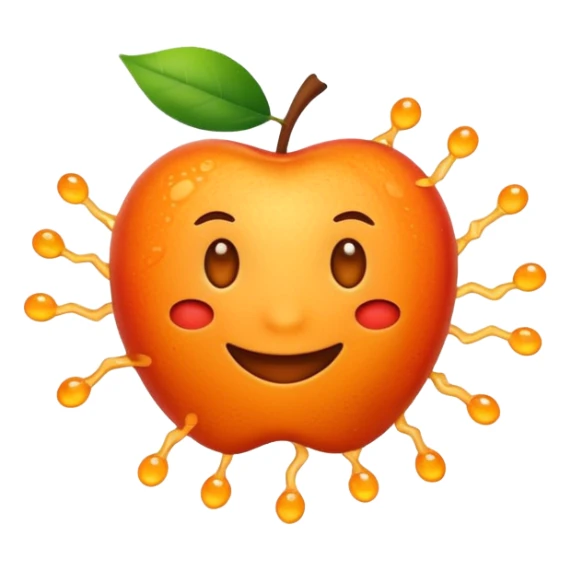 Apple-style emoji. Cute, smiling, glowing orange stem cell with small protrusions. White background. sticker
