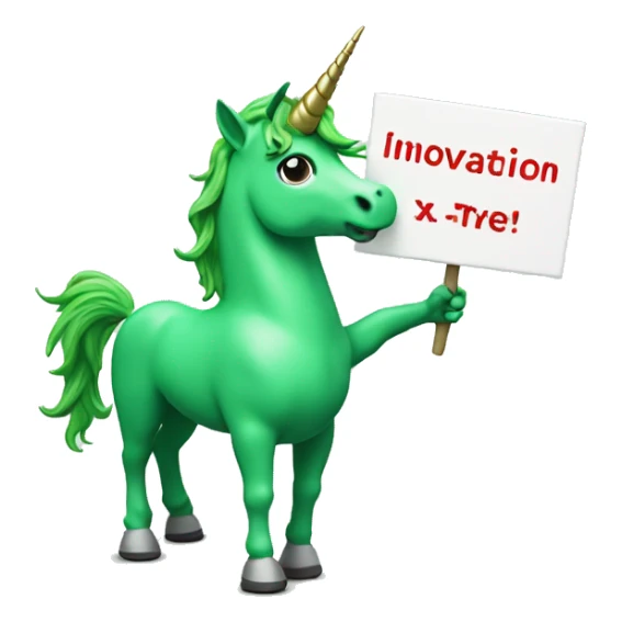 A green unicorn holding a sign that says "innovation Х5" sticker