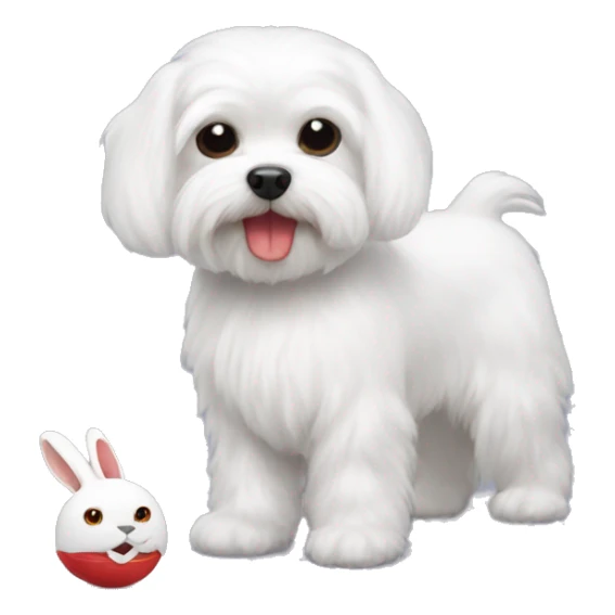 white maltese with small toy of red rabbit sticker