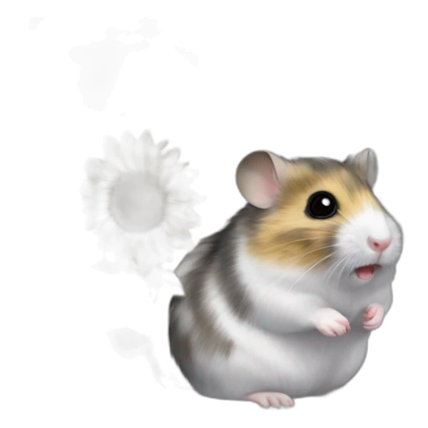A Campbell dwarf hamster with a patchy greyish white fur sitting and eating a sunflower seed sticker