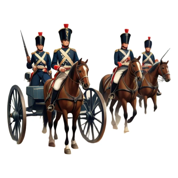 A vintage movie poster-style design depicting a dramatic Napoleonic War scene. Include soldiers in period uniforms, cannons, and a battlefield with flags and horses. The background should evoke a sense of battle and history, with old-fashioned cinematic flair. Transparent background. sticker