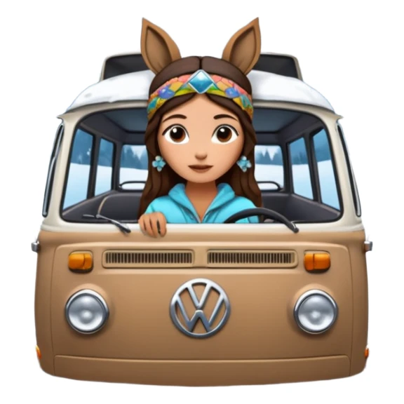 A parked VW bus painted white and black and filled with different 3d crystals and 3d crystals secured to roof surrounded by winter scenery with squirrels, birds, rabbits, wolves and a brunette hippie with headband is seated in the drivers seat sticker