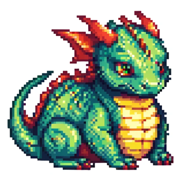pixel art dragon, curled up, chibi proportions, bright palette sticker