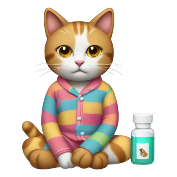 cat in pajamas taking prescription pills sticker