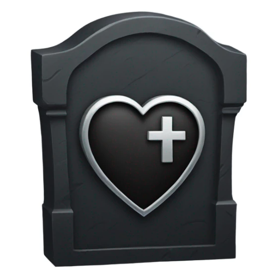 a black tombstone in silver RIP and a silver heart sticker