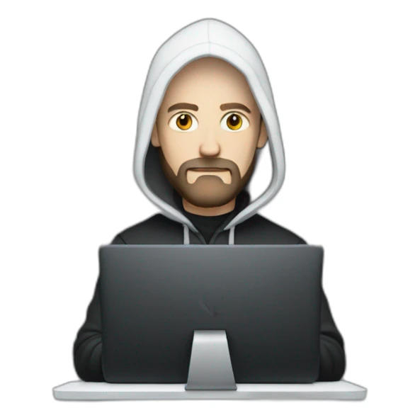 bald white man with a black beard typing on apple computer wearing a black hoodie sticker