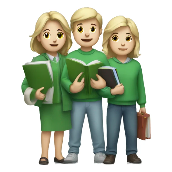 white three people in green clothes holding books sticker