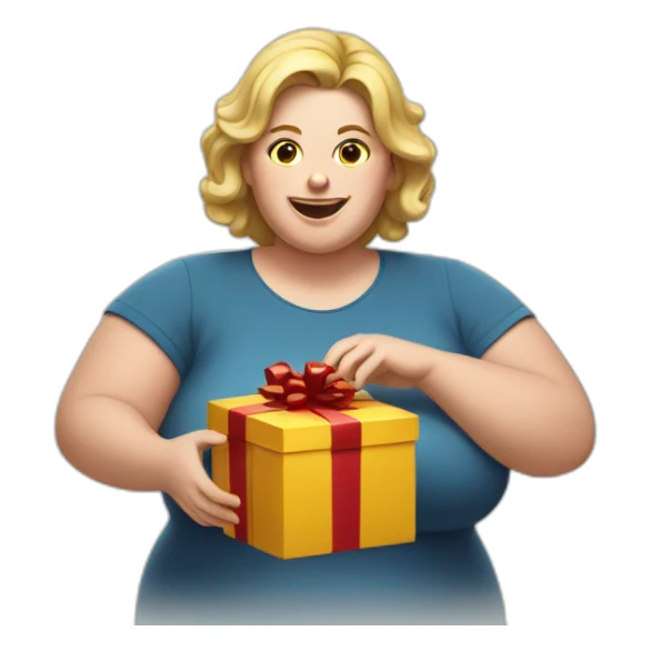 overweight white woman opening a gift sticker