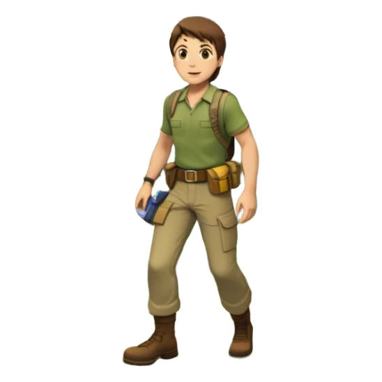 an adventure game, inspired by Uncharted-2. The design features a rugged explorer navigating through ancient ruins, with treasure and obstacles in the background. A dynamic environment with jungle, cliffs, and puzzles highlights the thrill of discovery and action. Transparent background. sticker