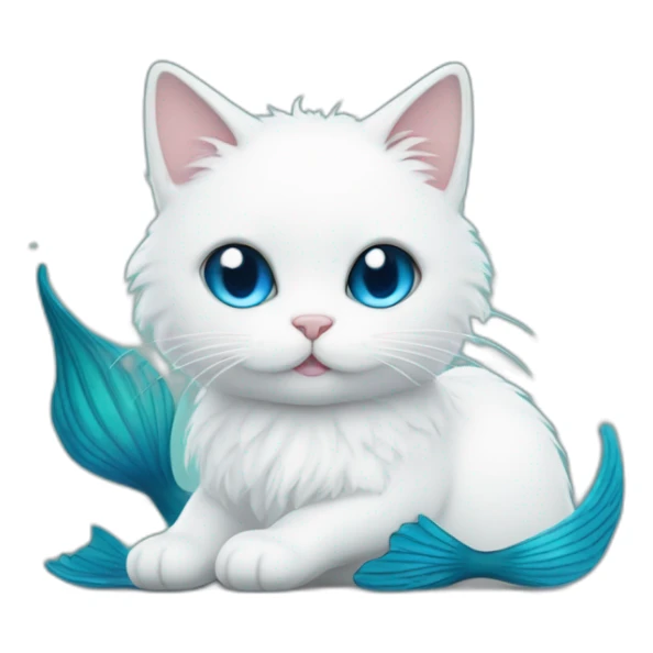 white fluffy cat with big blue mermaid fish tail sticker