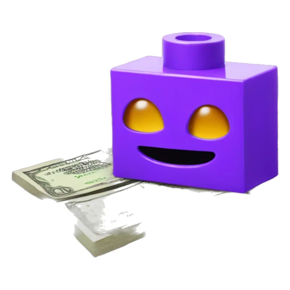 A PURPLE LEGO PIECE IN DE FRONT WITH SOME MONEY BAH BEHIND sticker