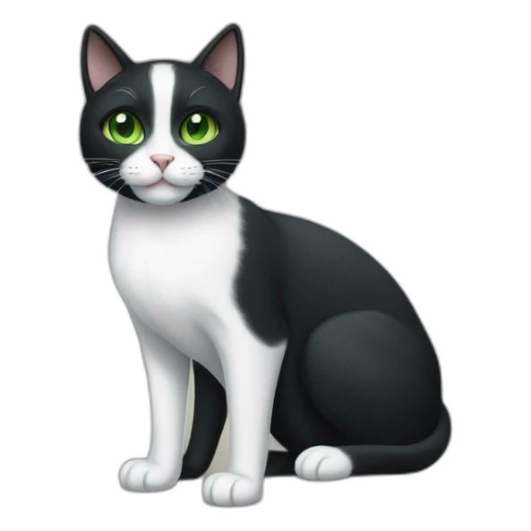 A black cat with green eyes with a white mustache, a white stripe on its nose, a full-length white breast and white paws sticker