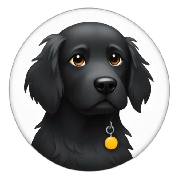From the front, Sitting Hairy Black dog with white circle sticker