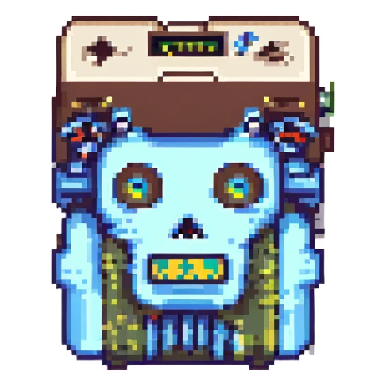 8-bit style dead battery icon with X-shaped eyes sticker