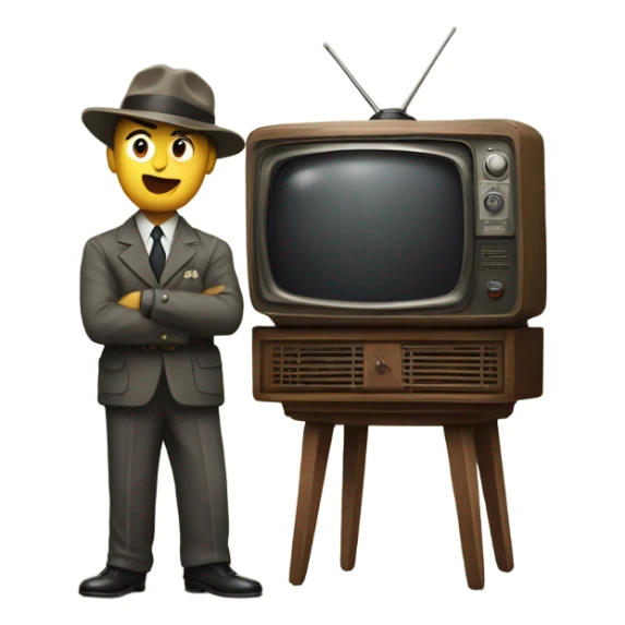 detectives standing in anticipation behind a vintage TV set sticker