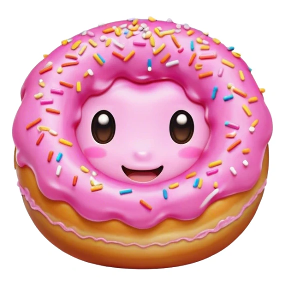 Cinematic tiny happy donut, round and fluffy, golden brown with pink icing and sprinkles, tiny adorable face with blushing cheeks, warm glowing background. sticker