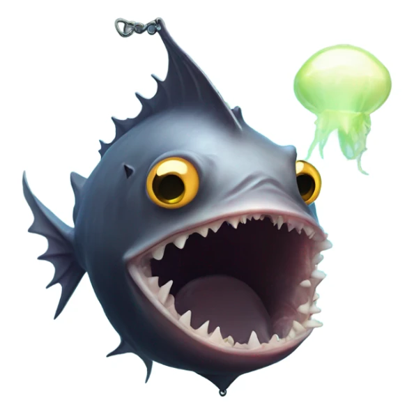 Anglerfish with a glowing lure hanging from its forehead, sharp teeth, and big eyes. sticker