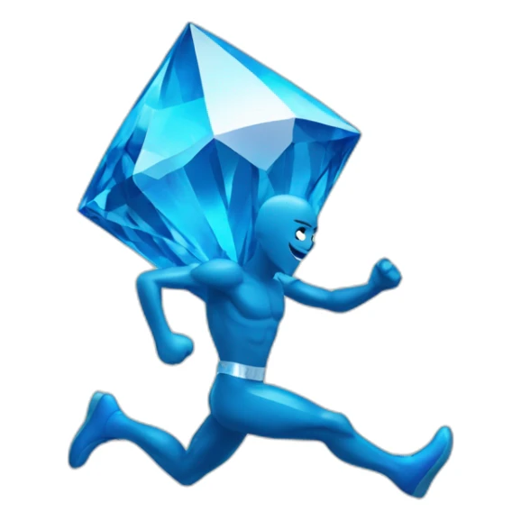 A blue diamond with a face, arms and legs running towards the finish line sticker