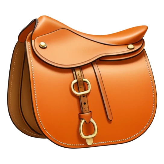 Hermès-style saddle, elegant and minimal, Hermès orange leather, gold trim, luxury, cute emoji style sticker