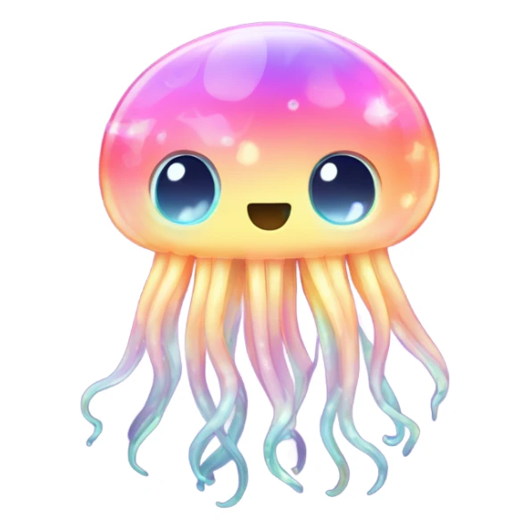 A glowing jellyfish with flowing tentacles that shimmer in pastel rainbow colors, surrounded by tiny sparkling stars. sticker