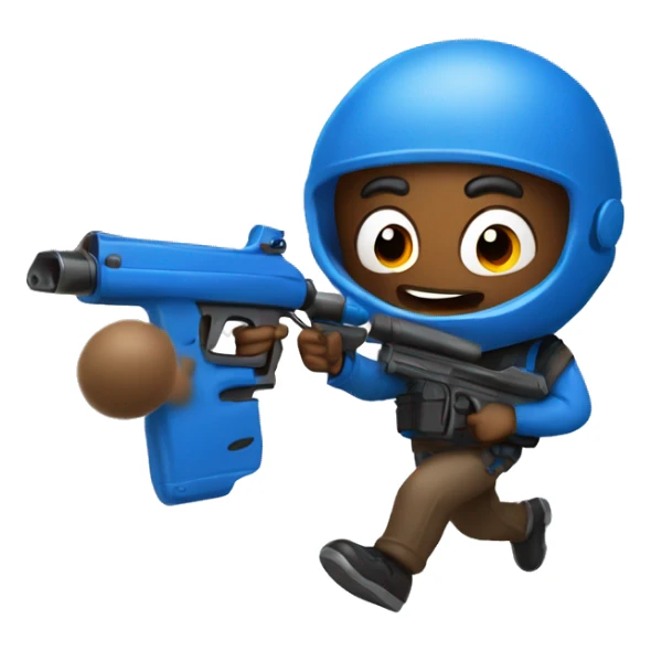 brown skin man running with paintball gun in hand wearing blue  sticker
