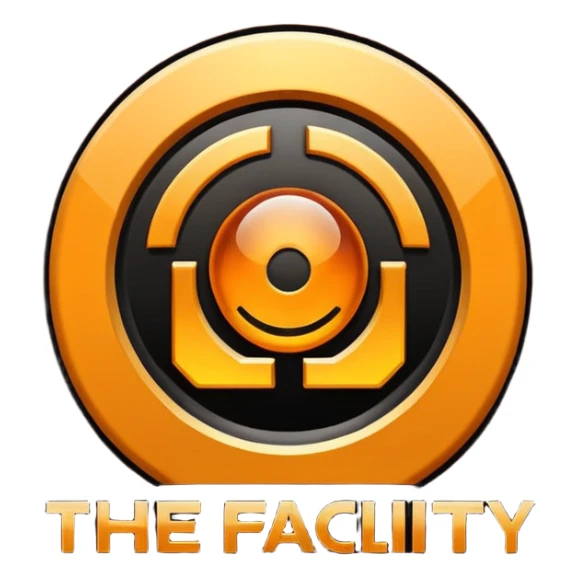 Minimal logo emoji with a glowing amber industrial emblem above bold text reading “THE FACILITY”, dark background, clean typography, sci-fi bunker aesthetic, high contrast, sticker