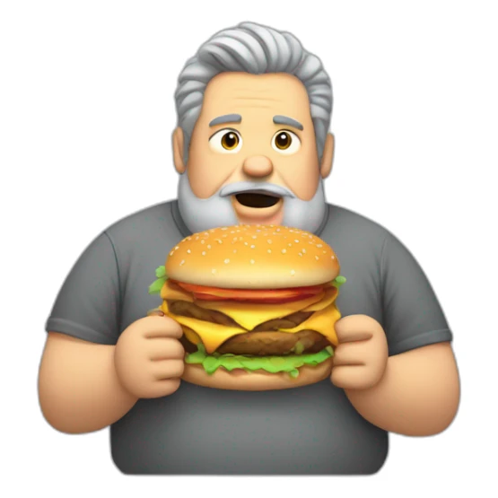 Fat man with grey shirt hair and a big beard eating a burger sticker