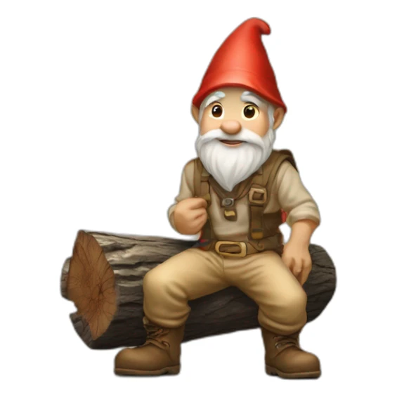 side angle of gnome with light tan pants and light tan boots squatting on top of small brown log sticker