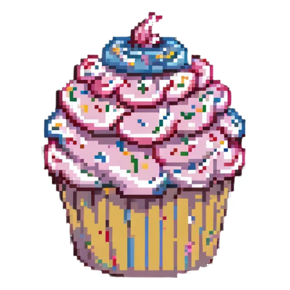 giant cupcake with pink icing and colorful sprinkles in pixel art style sticker