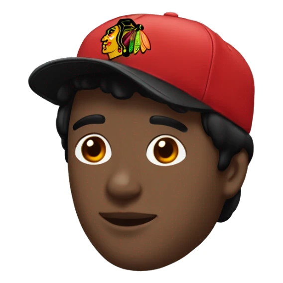 Man with black hair and go tee wearing a Chicago blackhawks hat sticker