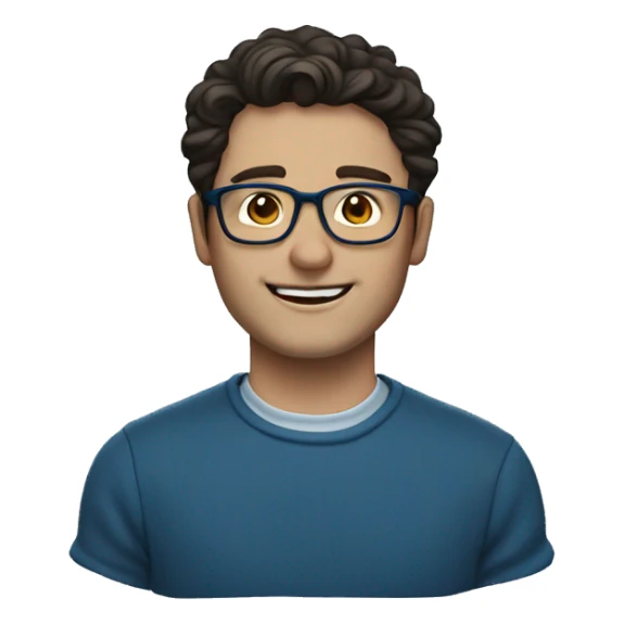 wavy short dark hair, white guy with dark blue sweater, charming, smiling, blue glasses sticker