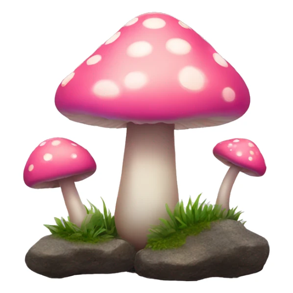 Pink little smiley mushroom with long stem growing between two round rocks sticker
