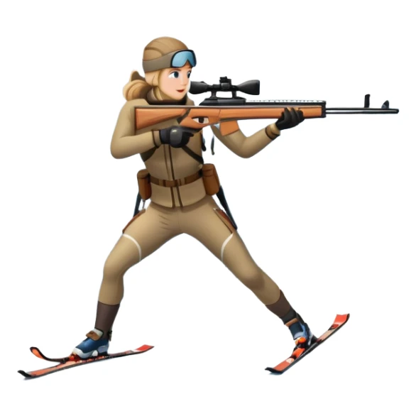 An icon showing a snowy landscape with pine trees, mountains, and a clear sky with a biathlete aiming a rifle in the foreground, wearing winter gear and skis. Transparent background emphasizes the precision, endurance, and beauty of this winter sport. sticker