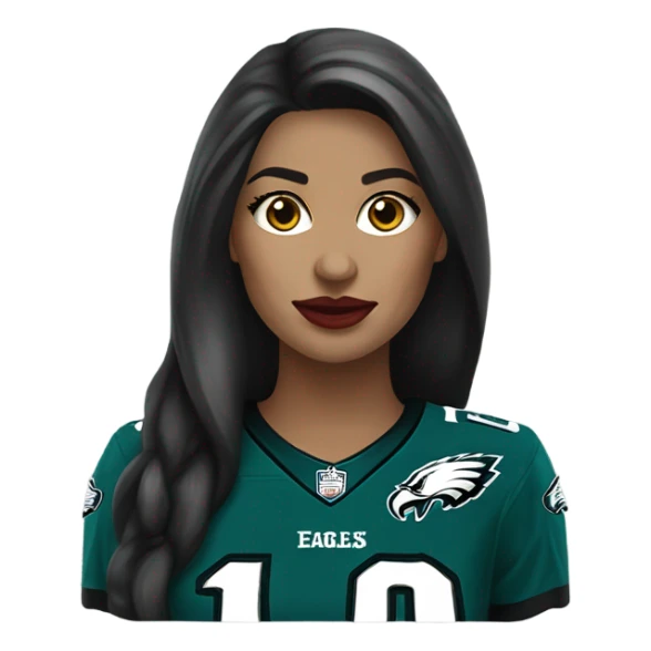 White female long dark hair red lips wearing Philadelphia Eagles jersey sticker