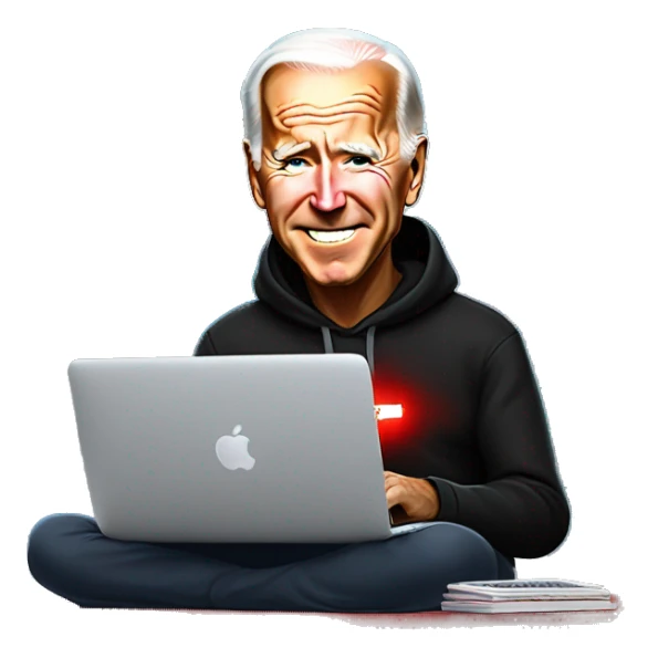 joe biden in a black hoodie with bright red glowing laser eyes typing on a macbook, joe biden, black hoodie, bright red glowing eyes, typing on macbook, joe biden sticker