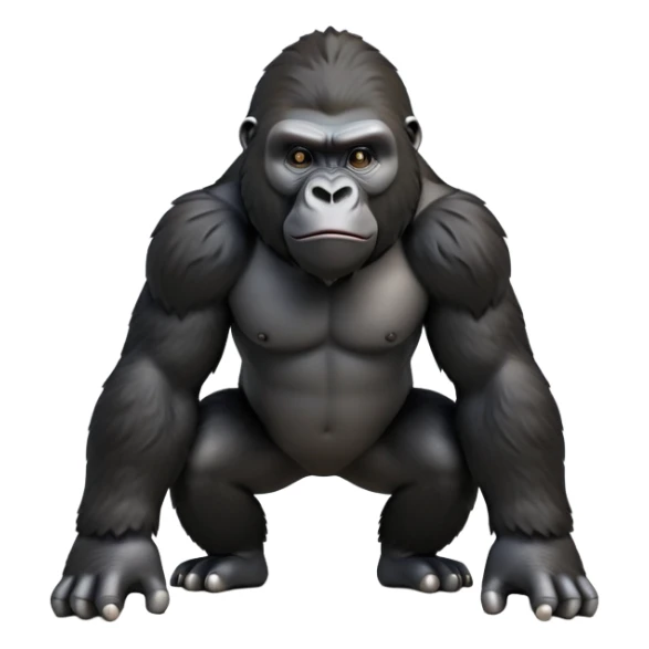 cinematic-friendly gorilla-realistic-full-body-crouched on all fours-emoji,-broad-and-powerful-frame-poised-with-confidence,-massive-arms-hanging-slightly-forward,-head-tilted-thoughtfully,-thick-black-fur,-deep-dark-eyes-full-of-intelligence,-simplified-yet-realistic sticker
