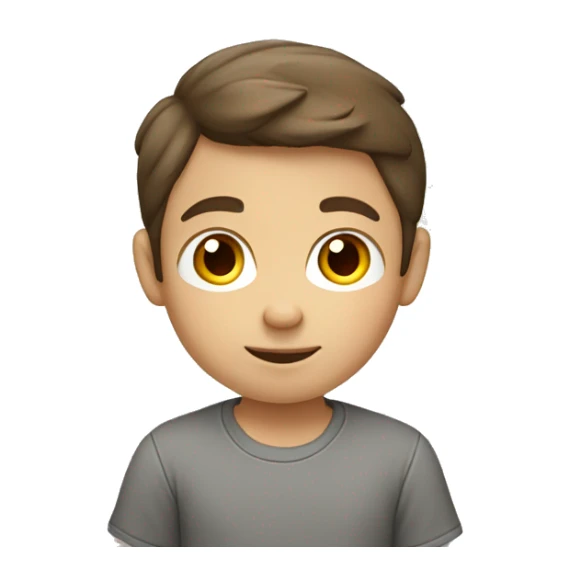 A little boy with brown hair and in a grey shirt studying  sticker