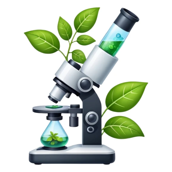 An icon featuring a microscope, a DNA strand, and plant leaves, symbolizing biology. The design includes cells, a test tube with a plant sample, representing life sciences, ecosystems, and the study of organisms. Transparent background highlights the exploration of living systems. sticker