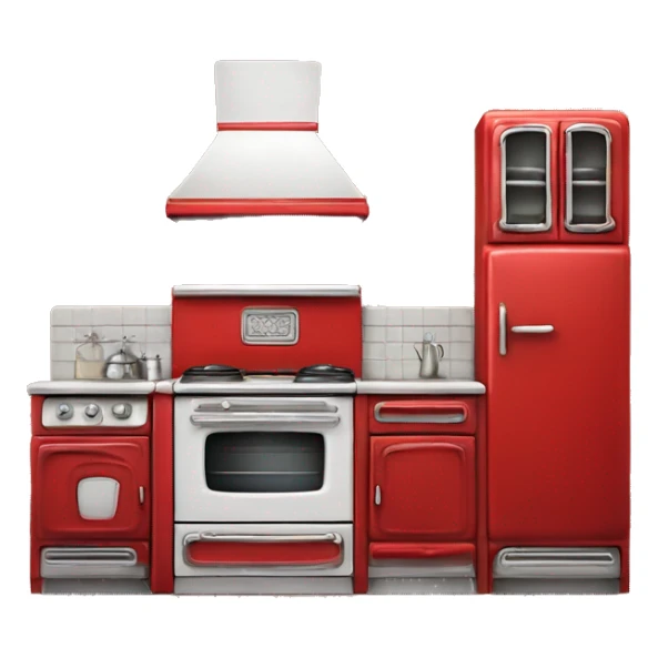 Isolated full length Realistic red vintage retro kitchen range with cabinets and counters sticker