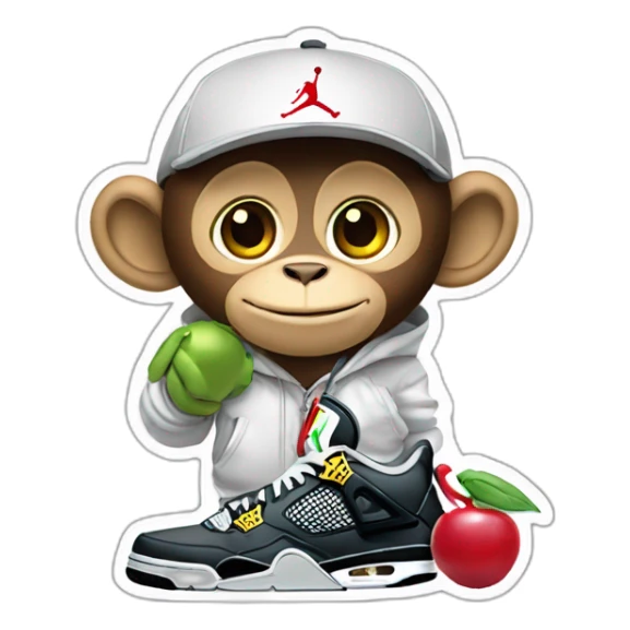 Monkey wearing Jordan 4 on its  feet with a bunch of Nike clothes sticker