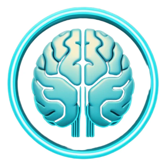 Futuristic neural brain badge icon, minimal glowing brain outline with neon cyan neural lines, small electric spark detail, circular game emblem, sci-fi web3 style, dark background, 3D polished game asset, sharp and high detail, centered composition sticker