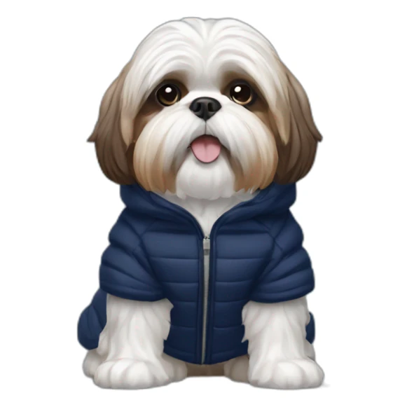 White and brown Shih tzu in navy blue puffer coat sticker
