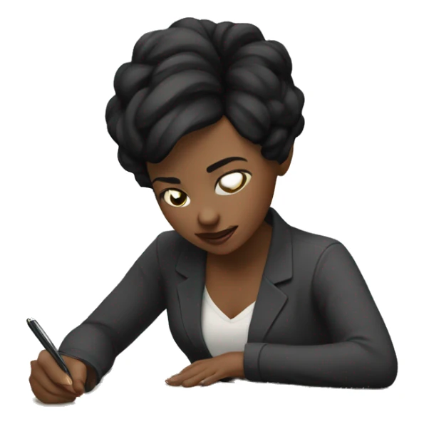 white skin woman with short black hair writing  a notebook on a desk sticker