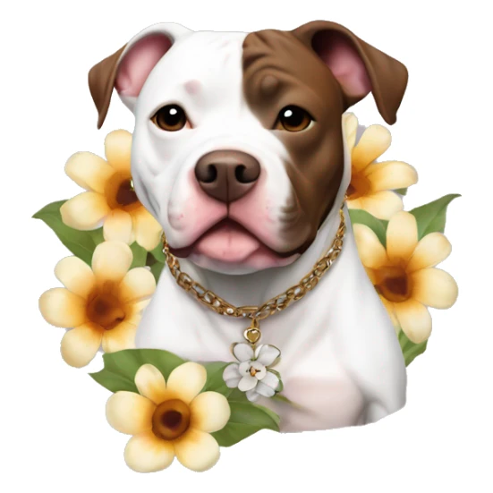 White pit bull with big brown spots on body and flower necklace sticker