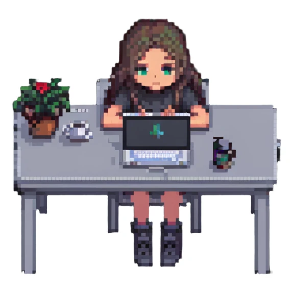 girl sitting at a desk with a MacBook, face partially hidden, cozy workspace, pixel art style sticker