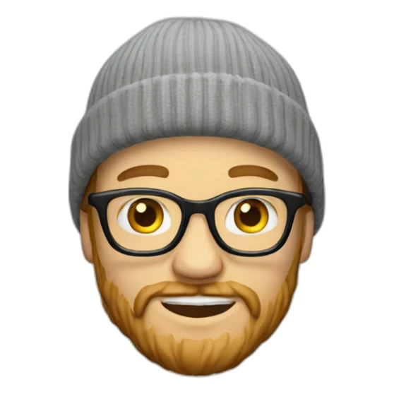 A white guy with a beard wearing glasses and a beanie sticker