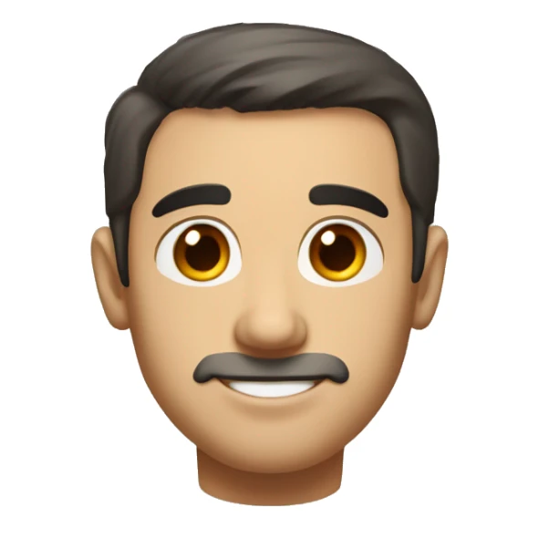 portrait of a man with an oval-shaped face and soft, balanced features. He has short dark hair, neatly styled upwards, and warm brown eyes with a friendly, slightly squinted expression. sticker