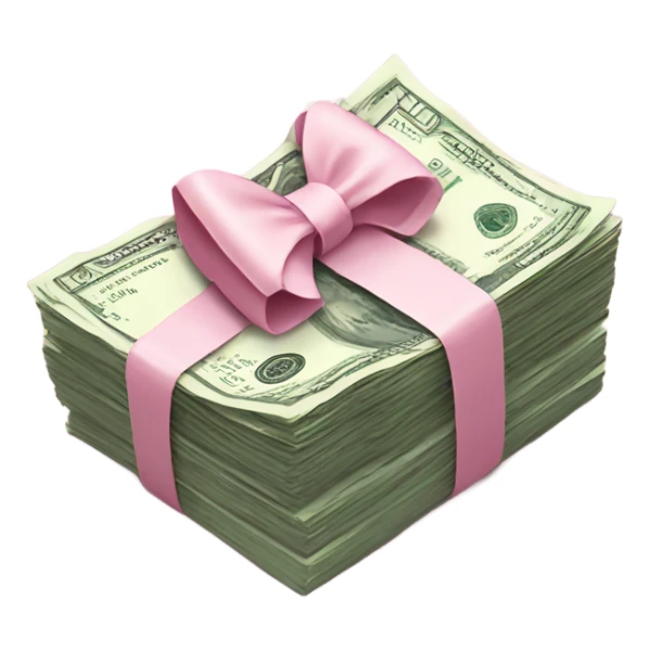 stack of money tied together with a light pink bow sticker