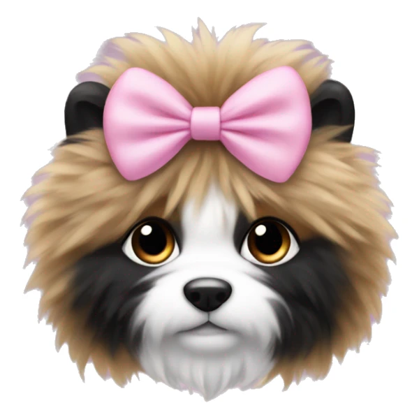 fluffy with black white and tan fur wearing pink bow sticker
